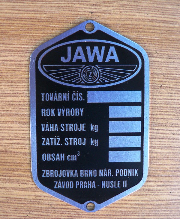 Výrobní typový štítek Jawa Pérák - Zbrojovka