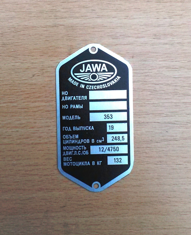 Výrobní typový štítek Jawa 250/353 - RUSKY