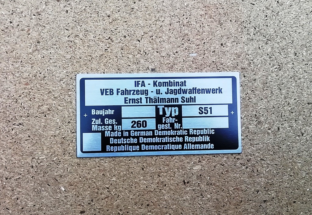 Výrobní typový štítek Simson S51