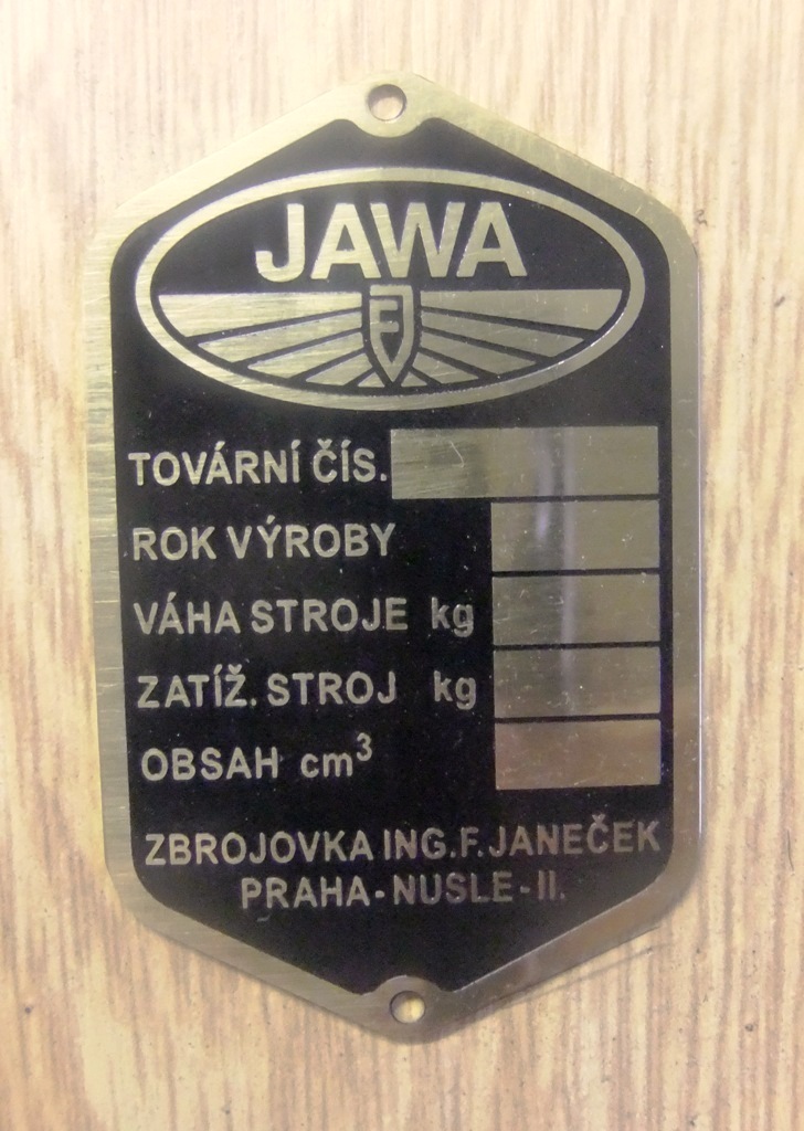 Výrobní typový štítek Jawa - předválečná