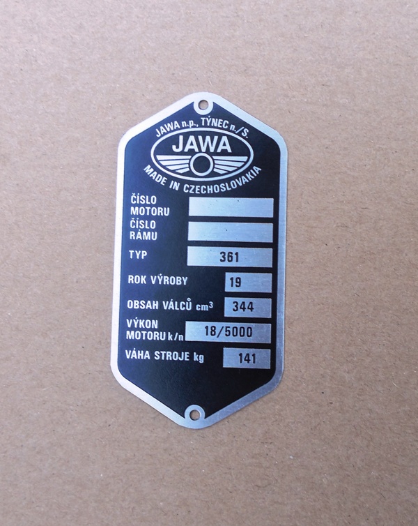Výrobní typový štítek Jawa 350/361 Sport