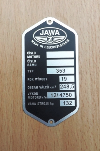 Výrobní typový štítek Jawa 250/353
